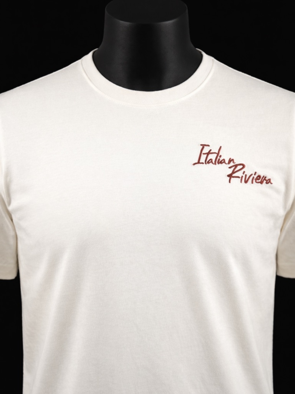 Italian Riviera Embroidered Logo Crew Neck T-Shirt - Cream